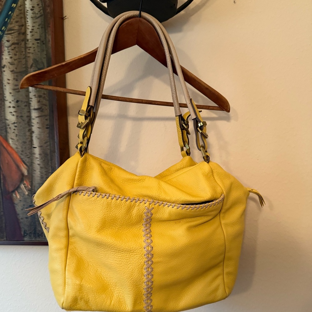 Oryany Womens Yellow & Tan Pebbled Leather Tote Shoulder Bag Multi Pockets - Picture 2 of 11